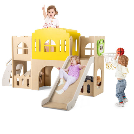Set de tobogane 7 în 1 pentru copii mici, castel din lemn pentru interior și exterior