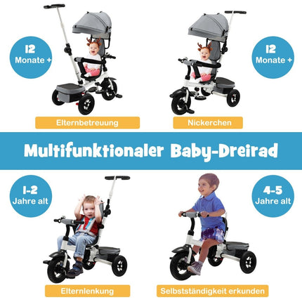 Tricicletă pentru copii 7 în 1 cu scaun reversibil și baldachin reglabil și mâner de împingere balansier gri