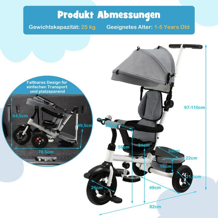 Tricicletă pentru copii 7 în 1 cu scaun reversibil și baldachin reglabil și mâner de împingere balansier gri