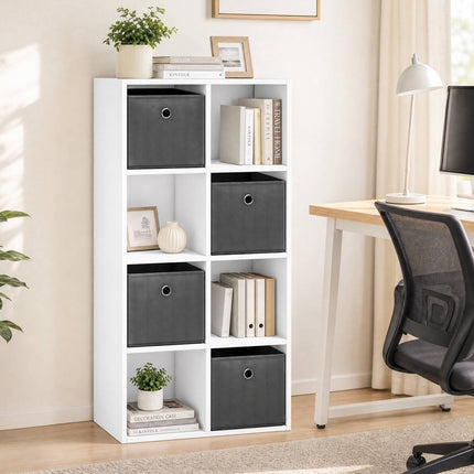 8-Cube Storage Shelf with 4 Grey Fabric Drawers, Anti-Tip Kit, White