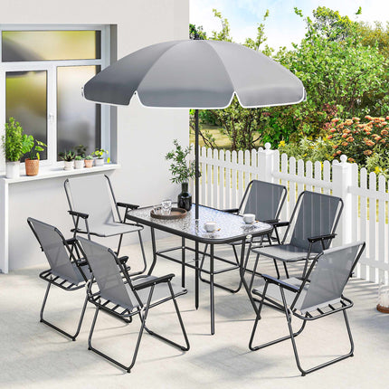 Set de masă pentru exterior cu 8 piese, umbrelă și scaune pliabile