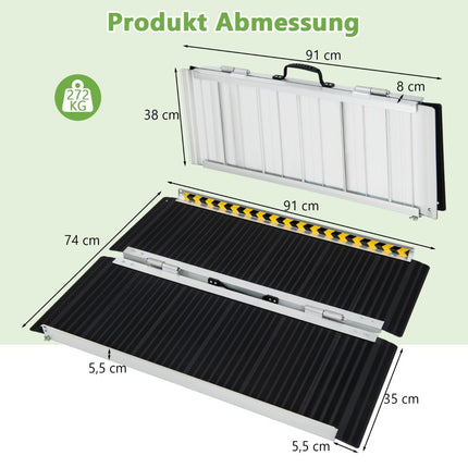 Rampă pentru scaun cu rotile de 91 x 74 cm, rampă pliabilă portabilă și anti-alunecare, portantă până la 272 kg, aluminiu