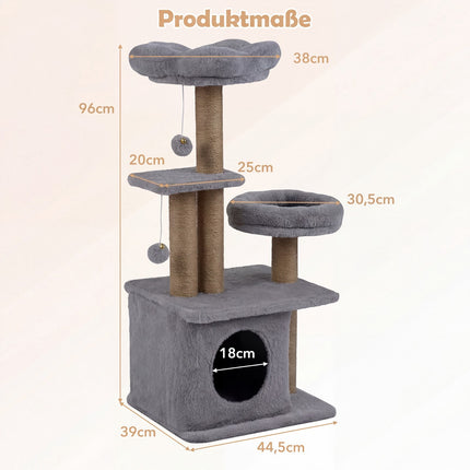 Arborele pentru pisici de 96 cm cu pat, platformă, pat și jucării, gri