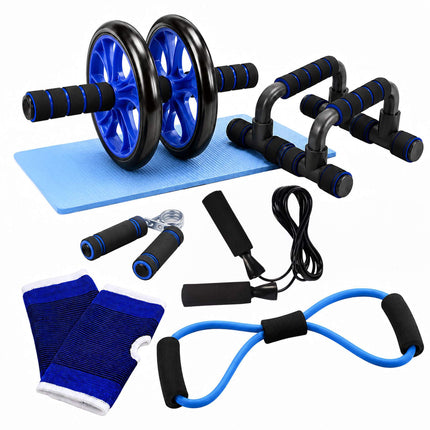 Set de echipamente de fitness albastre cu 9 piese și accesorii