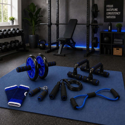 Set de echipamente de fitness albastre cu 9 piese și accesorii
