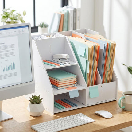 Organizator de birou A4 cu compartimente – MDF alb