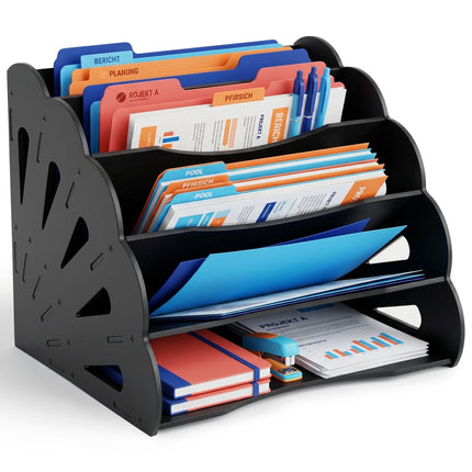 Organizator de birou A4 din MDF, 5 compartimente - Negru