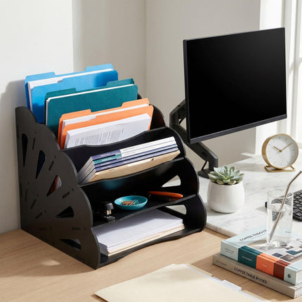 Organizator de birou A4 din MDF, 5 compartimente - Negru