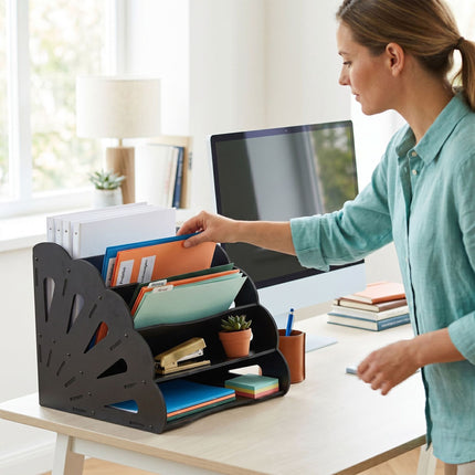 Organizator de birou A4 din MDF, 5 compartimente - Negru