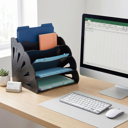 Organizator de birou A4 din MDF, 5 compartimente - Negru