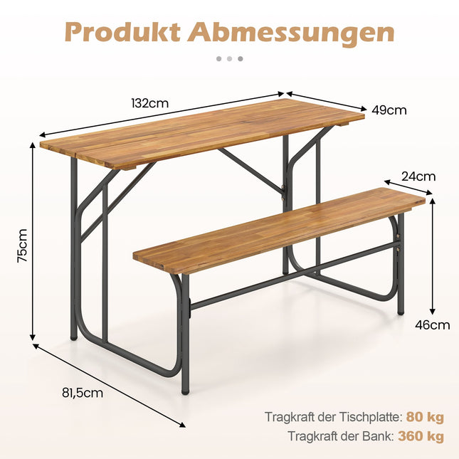 Set masă de picnic din lemn de salcâm pentru 2 persoane cu picioare metalice