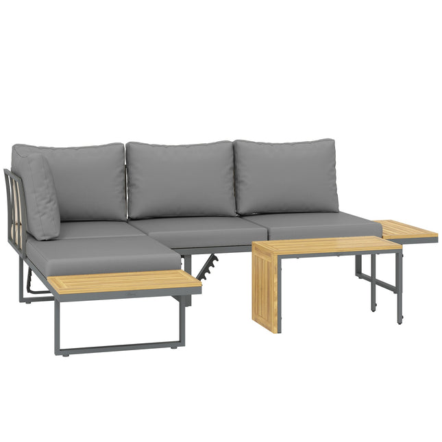 Set de mobilier de grădină din lemn de salcâm pentru 6 persoane, lounge de grădină în formă de L cu bancă de colț, spătar reglabil, măsuță laterală, pernă, set de mobilier de balcon, grup de scaune exterioare pentru grădină, terasă, balc