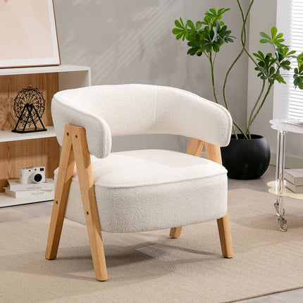 Fotoliu decorativ, tapițerie din fleece, picioare din lemn, alb