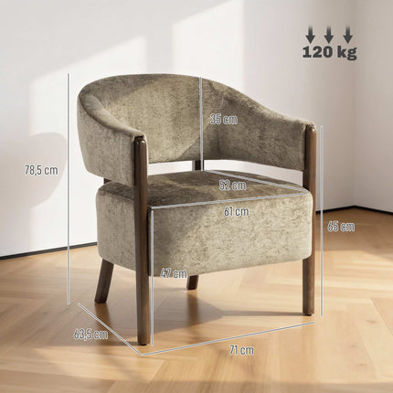 Accent Chair with Chenille Upholstery and Solid Wood Frame, Light Brown, 120 kg