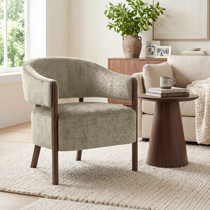 Accent Chair with Chenille Upholstery and Solid Wood Frame, Light Brown, 120 kg
