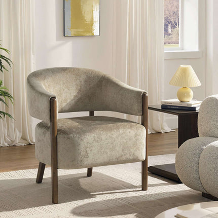 Accent Chair with Chenille Upholstery and Solid Wood Frame, Light Brown, 120 kg