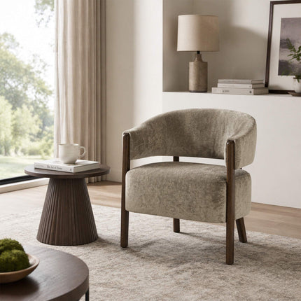 Accent Chair with Chenille Upholstery and Solid Wood Frame, Light Brown, 120 kg