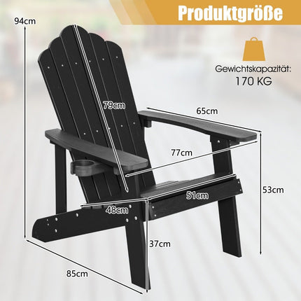 Scaun Adirondack cu suport pentru pahare, negru, solduri rezistente la intemperii