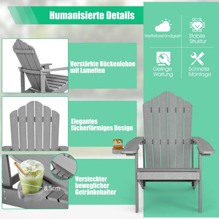 Scaun Adirondack cu suport pentru pahare, rezistent la intemperii, gri deschis