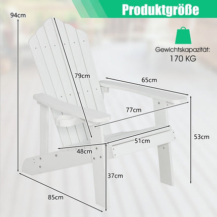 Scaun Adirondack cu suport pentru pahare, rezistent la intemperii, alb