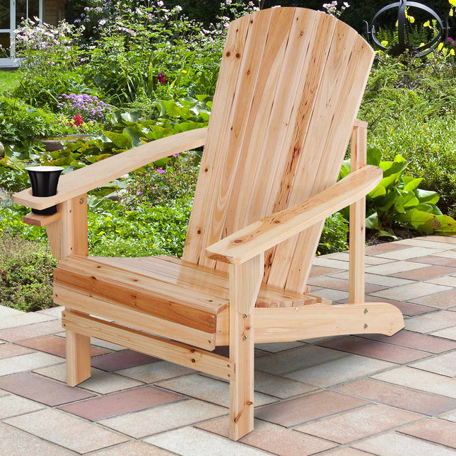 Scaun de grădină Adirondack cu suport pentru pahare, șezlong de grădină, scaun de balcon, lemn masiv, natural 72,5 x 97 x 93 cm