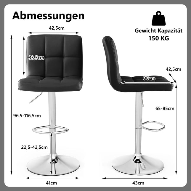 Scaune de bar reglabile, pivotante la 360 de grade, set de 2, piele neagră