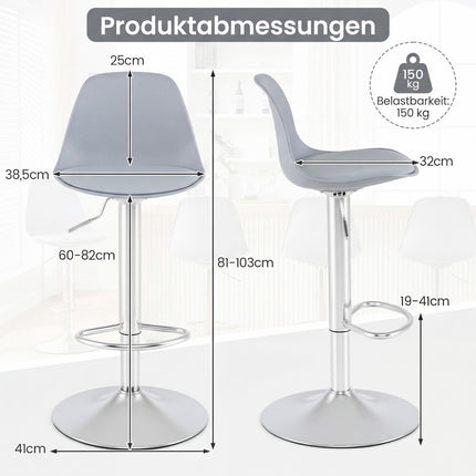 Scaune de bar reglabile, pivotante la 360 de grade, set de 2, gri