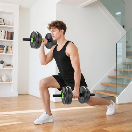 Adjustable 3-in-1 Dumbbell Set 15 kg with Barbell, EZ Curl Bar, Green
