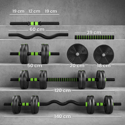 Adjustable 3-in-1 Dumbbell Set 15 kg with Barbell, EZ Curl Bar, Green