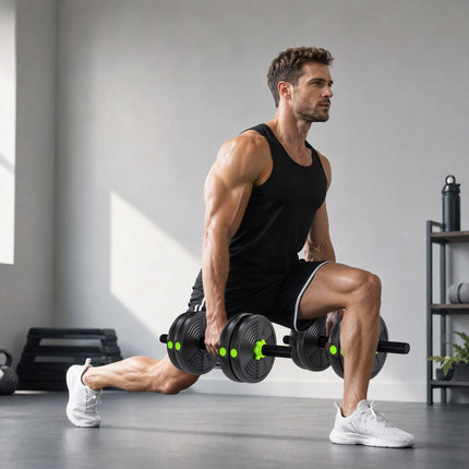Adjustable 3-in-1 Dumbbell Set 15 kg with Barbell, EZ Curl Bar, Green