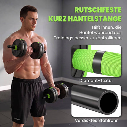 Adjustable 3-in-1 Dumbbell Set 15 kg with Barbell, EZ Curl Bar, Green