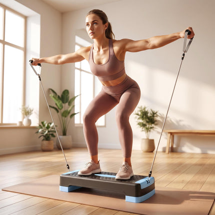 Stepper aerobic reglabil cu benzi de rezistență, albastru