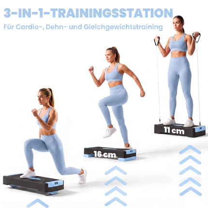 Stepper aerobic reglabil cu benzi de rezistență, albastru