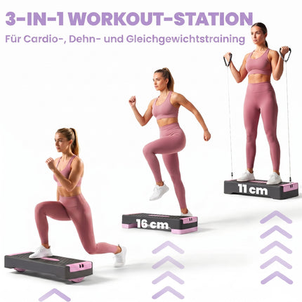 Stepper aerobic reglabil cu benzi de rezistență, roz