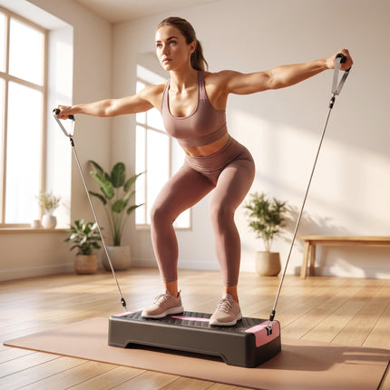 Stepper aerobic reglabil cu benzi de rezistență, roz