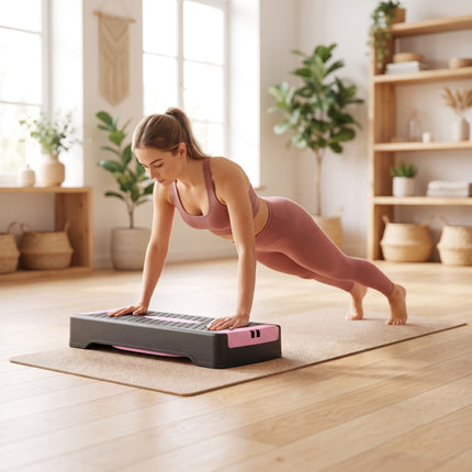 Stepper aerobic reglabil cu benzi de rezistență, roz