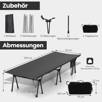 Patut de camping reglabil cu depozitare, 193x70 cm, capacitate 150 kg