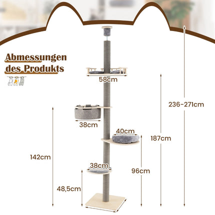 Suport pentru pisici reglabil de la podea la tavan, 236-271 cm, gri