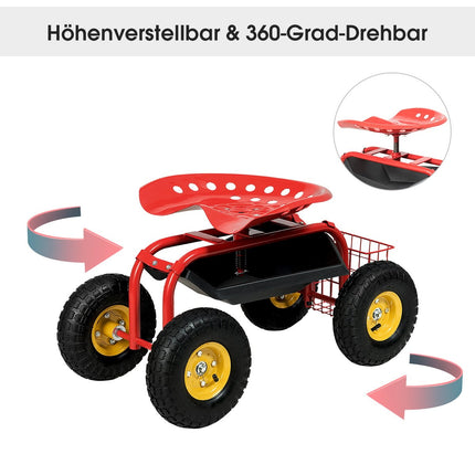 Scaun de grădină reglabil cu roți, pivotant 360°, roșu
