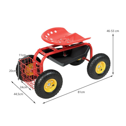Scaun de grădină reglabil cu roți, pivotant 360°, roșu