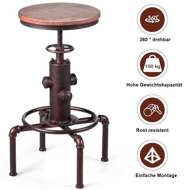 Scaun de bar reglabil pe inaltime, lemn de pin si fier, 59,5-75 cm