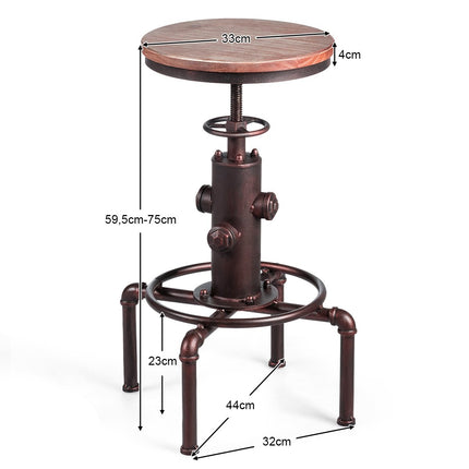 Scaun de bar reglabil pe inaltime, lemn de pin si fier, 59,5-75 cm