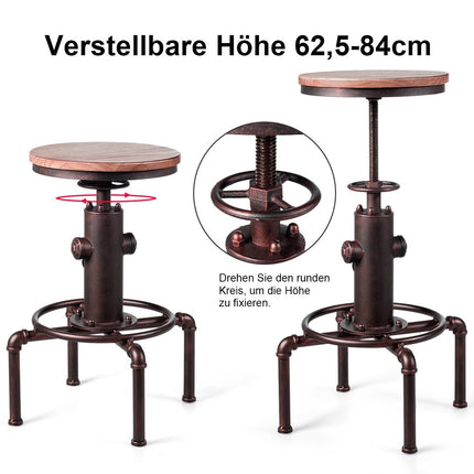 Scaun de bar reglabil pe inaltime, lemn de pin si fier, 59,5-75 cm
