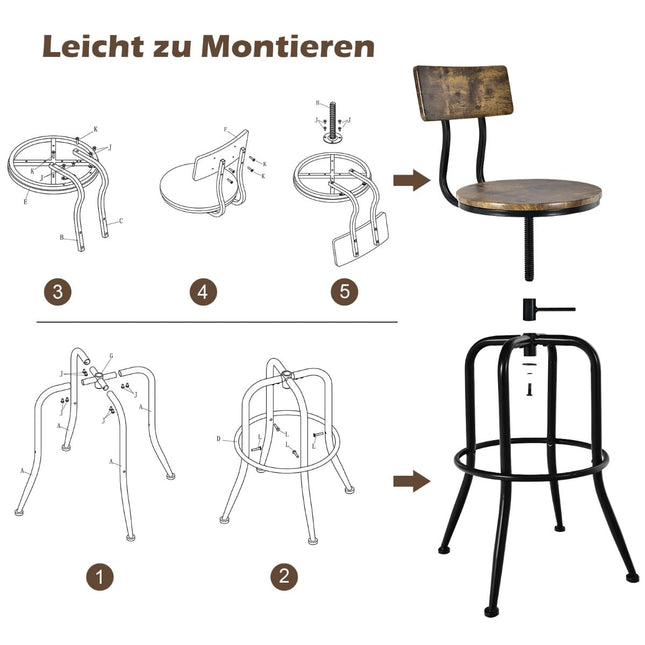 Scaune de bar industriale reglabile, pivotante, set de 2, maro