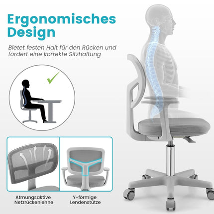 Scaun de birou reglabil pentru copii, pivotant la 360 de grade, ergonomic, gri