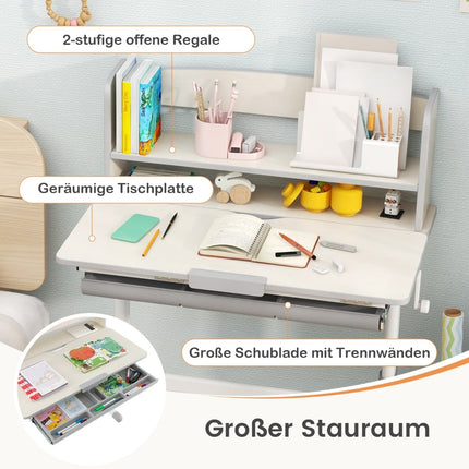 Birou reglabil pentru copii cu blat rabatabil, sertar, rafturi – Gri