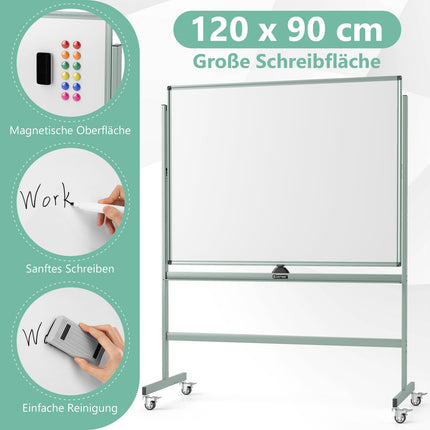 Tablă albă mobilă magnetică cu două fețe, reglabilă, cu roți