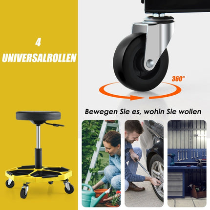 Scaun mecanic reglabil cu tavă, capacitate 150 kg, galben