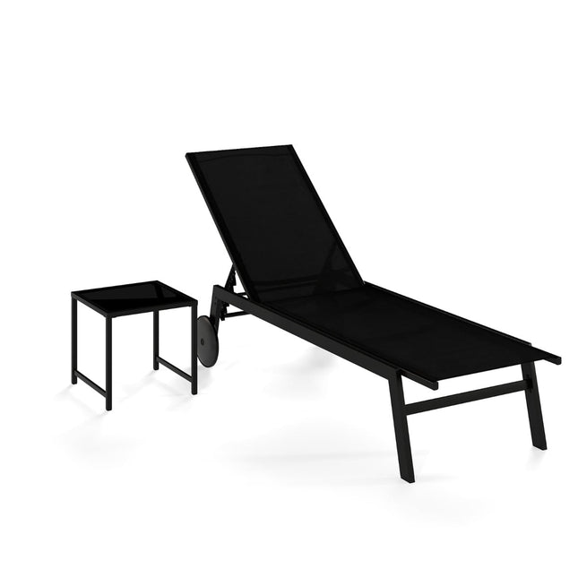 Șezlong reglabil pentru exterior cu masă, material textil negru
