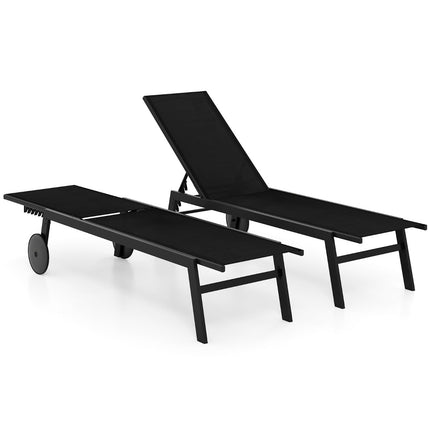 Set șezlong reglabil pentru exterior cu roți, negru